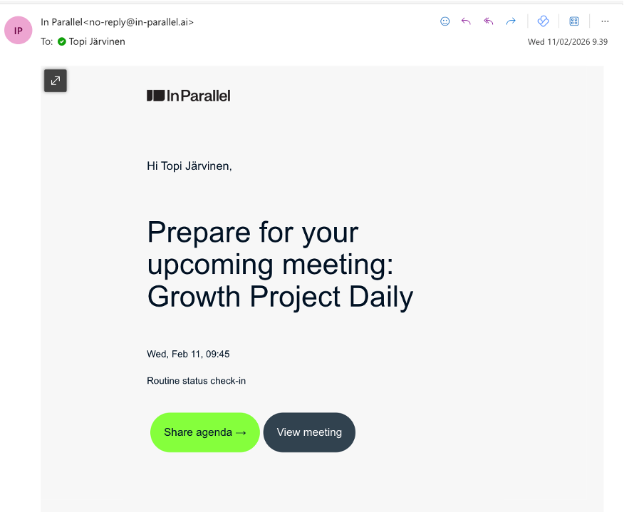 Meeting preparation brief — sent 30 minutes before the meeting