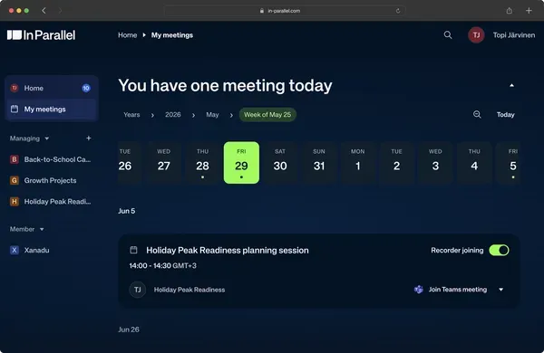 Unified meetings timeline with collapsible date-scale tray