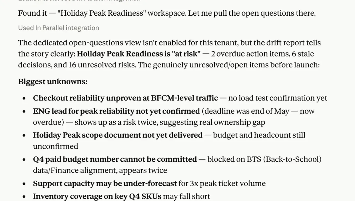 In Parallel answering “What’s still unanswered before launch?” — surfacing the unresolved open questions in the Holiday Peak Readiness workspace.