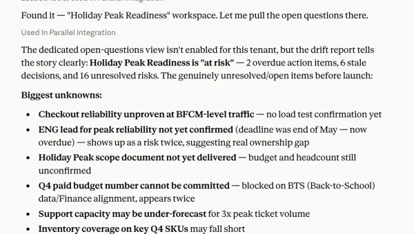 In Parallel answering “What’s still unanswered before launch?” — surfacing the unresolved open questions in the Holiday Peak Readiness workspace.