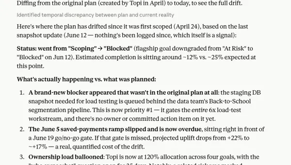 In Parallel answering “Where has the plan drifted from what we’re actually doing?” — diffing the original plan against today and listing the specific gaps.