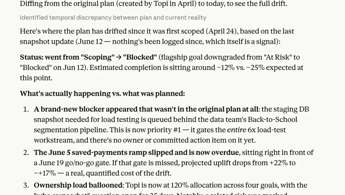 In Parallel answering “Where has the plan drifted from what we’re actually doing?” — diffing the original plan against today and listing the specific gaps.
