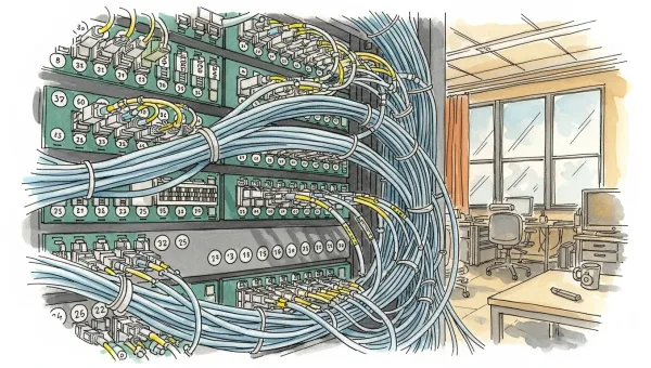 Pen-and-watercolor illustration of interconnected organizational nodes and communication flows, representing how systems mirror the organizations that build them.