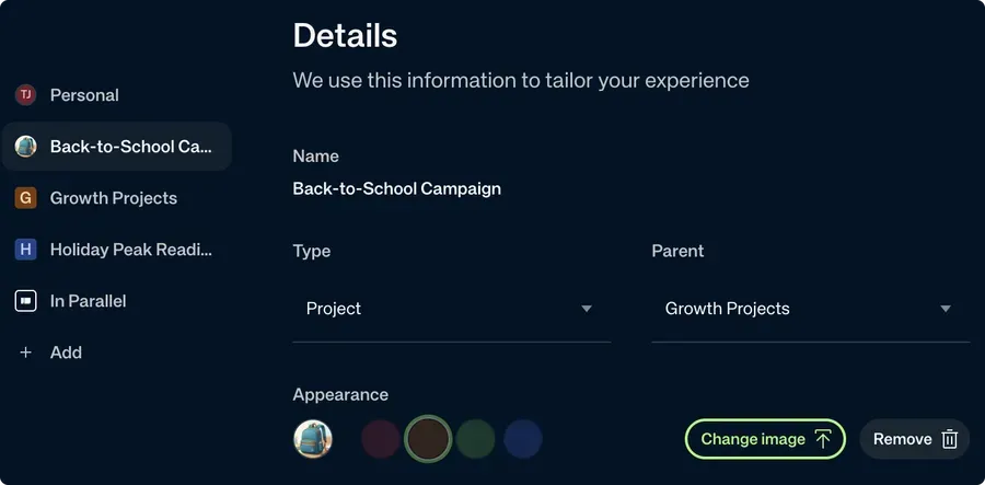 Give each workspace its own color or image, and reparent it from Settings