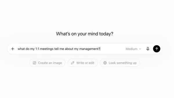 The question “what do my 1:1 meetings tell me about my management?” typed into a prompt bar — asking across every 1:1 at once instead of searching one meeting’s notes.