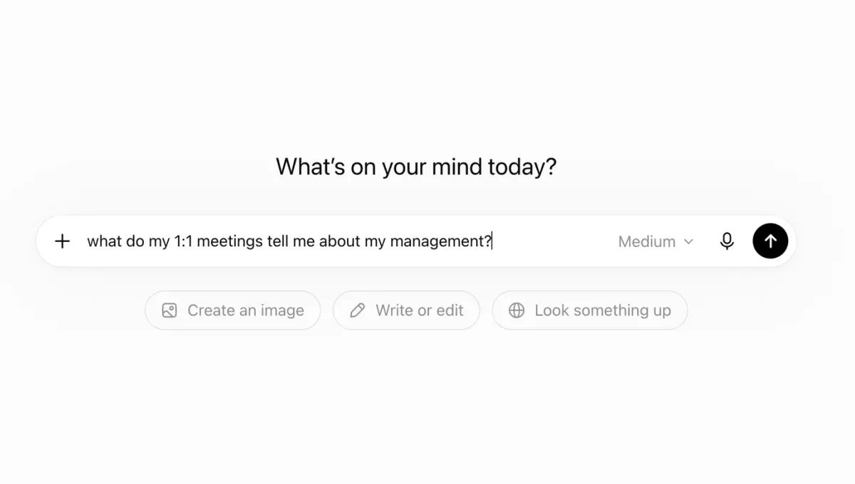 The question “what do my 1:1 meetings tell me about my management?” typed into a prompt bar — asking across every 1:1 at once instead of searching one meeting’s notes.