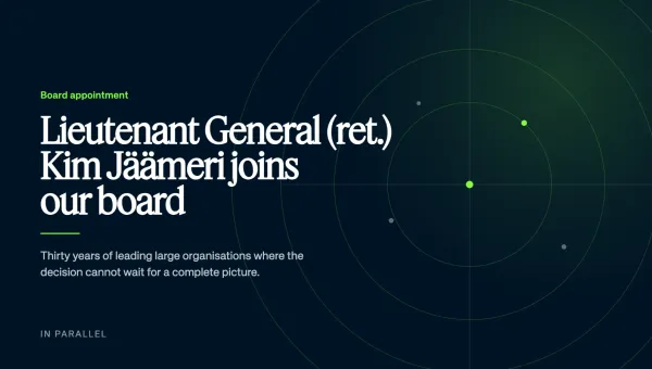 Editorial title card announcing Lieutenant General (ret.) Kim Jäämeri's election to the In Parallel board, with a concentric radar-style motif on a deep navy field