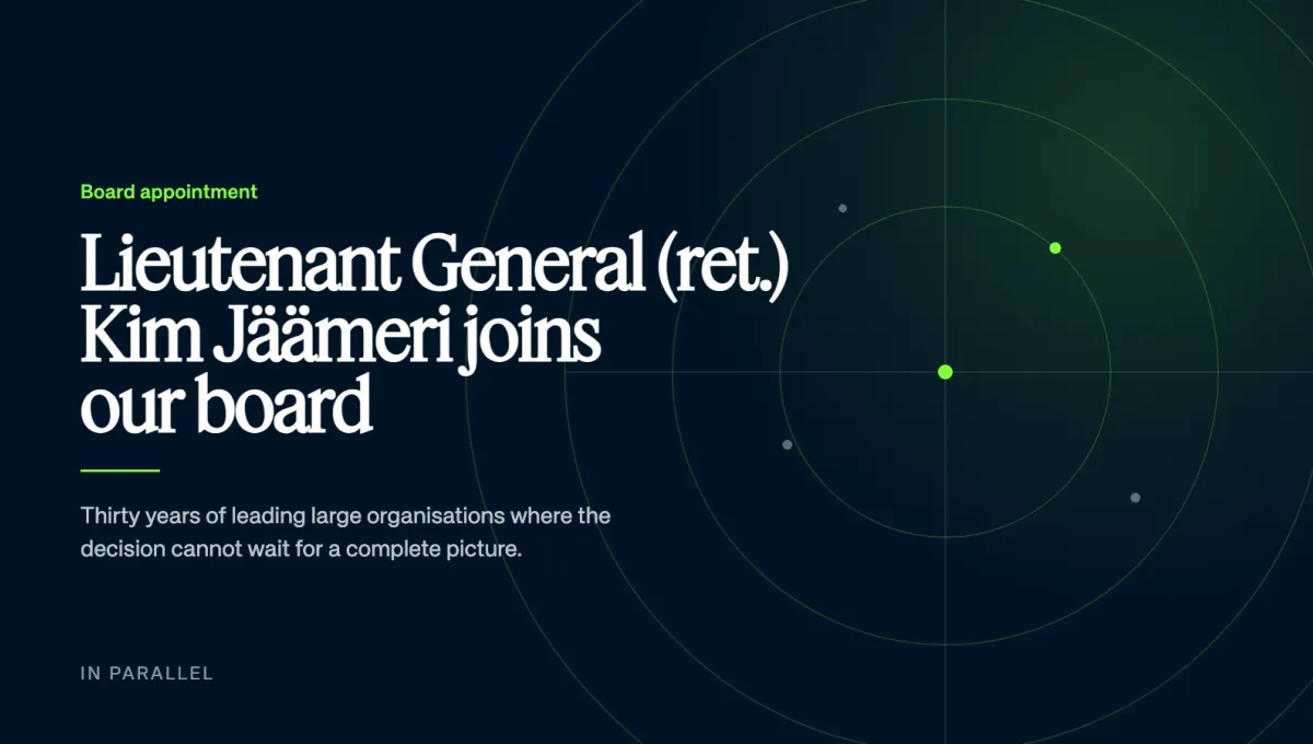 Editorial title card announcing Lieutenant General (ret.) Kim Jäämeri's election to the In Parallel board, with a concentric radar-style motif on a deep navy field