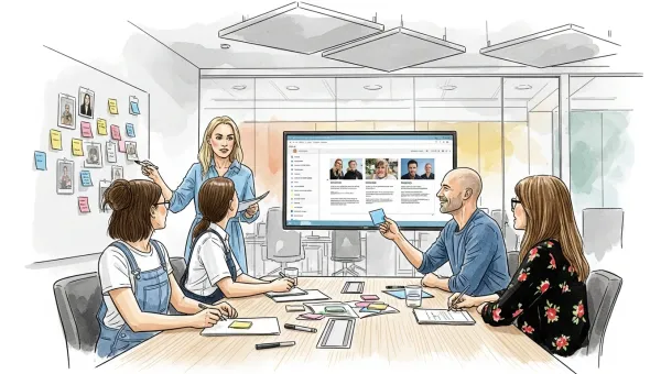 Busy team meeting between five team members