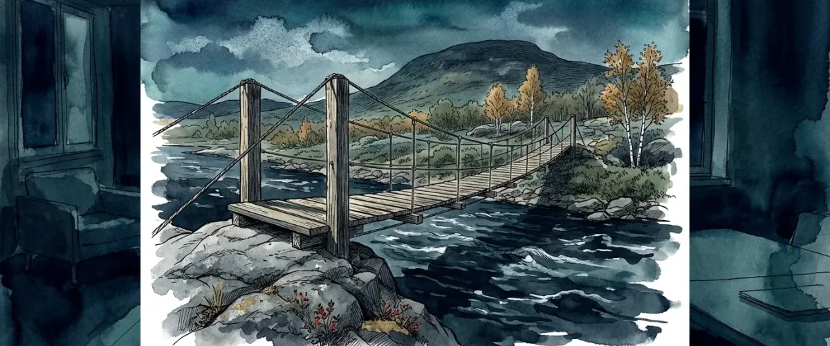 A rope suspension bridge over a dark river towards the fells, drawn in pen and watercolour