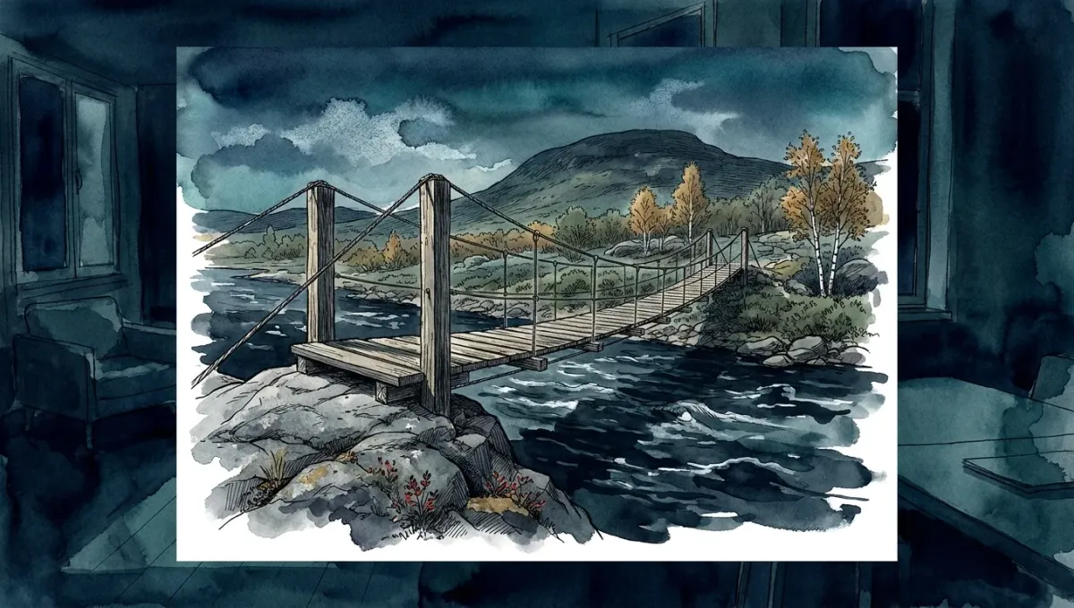 A rope suspension bridge over a dark river towards the fells, drawn in pen and watercolour