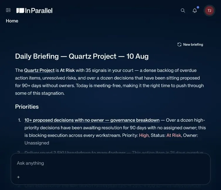 A daily briefing for the Quartz Project, opening with the workspace status and a numbered list of priorities. Each item names its owner, its priority, and how long it has been outstanding.