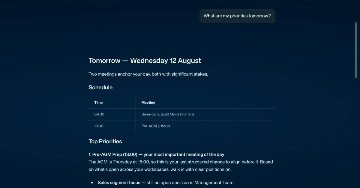A chat exchange: the question "What are my priorities tomorrow?" returns tomorrow's schedule as a two-row table, then a ranked list of priorities that names the open decisions to walk in with a position on.