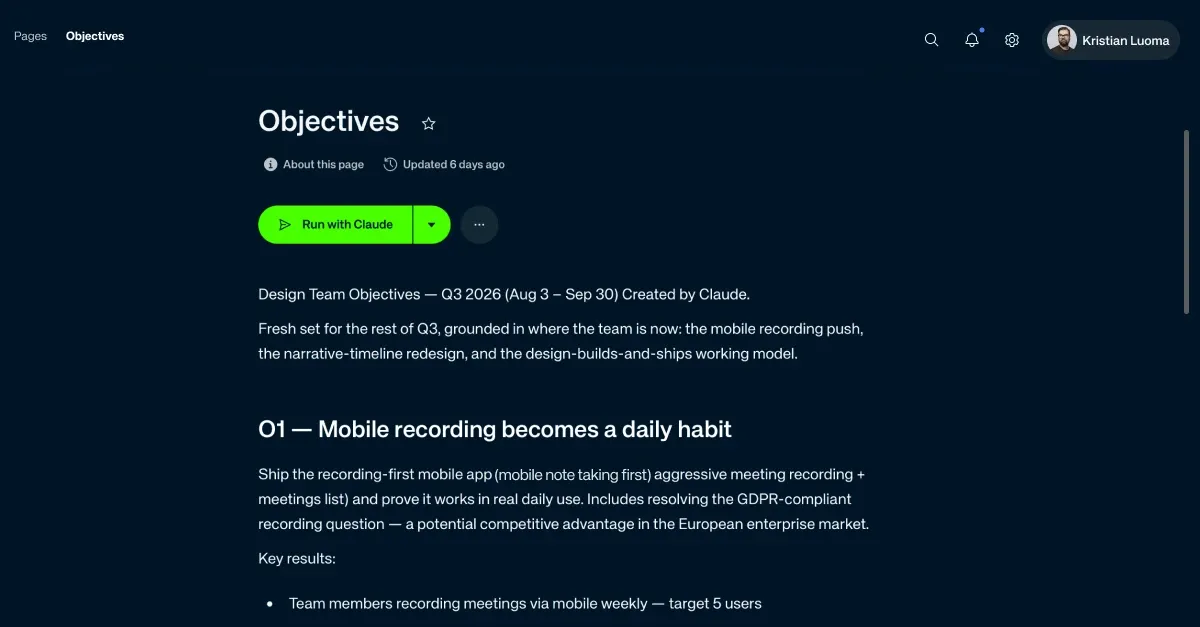 An Objectives page for a design team's quarter, its first line reading "Created by Claude", with a Run with Claude button above it and the opening objective broken out into key results.