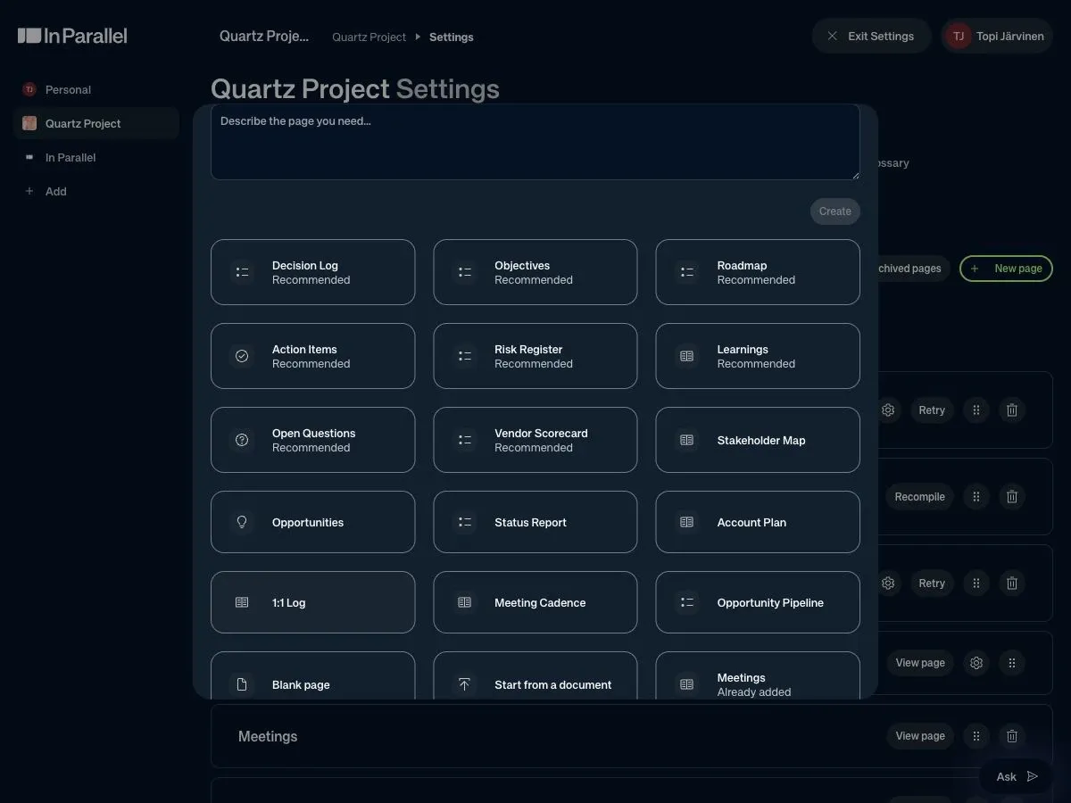 The page-type picker, offering Decision Log, Objectives, Roadmap, Action Items, Risk Register, Learnings, Open Questions and others, some marked Recommended.