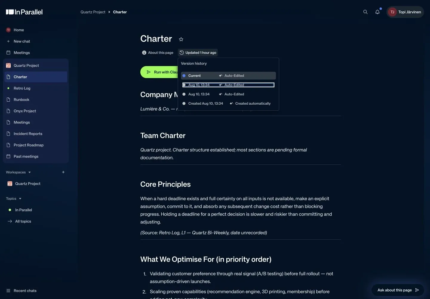 Version history open on a workspace page, listing the current version and three earlier ones. Each entry is labelled Auto-Edited or Created automatically.