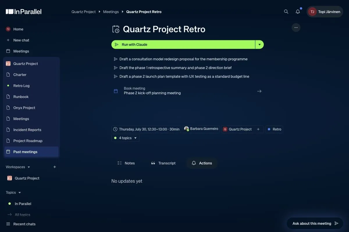 A meeting page with a Run with Claude button above three suggested tasks — drafting a proposal, a retrospective summary, and a launch plan template.