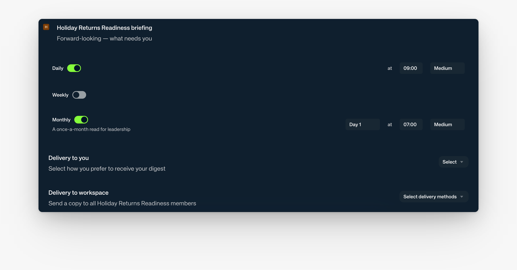 The fictional Holiday Returns Readiness Briefs card with Monthly enabled and separate personal and Workspace delivery controls