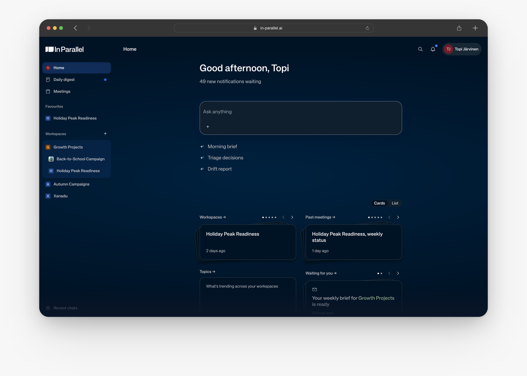 Home with Ask anything, suggested requests, and Workspace navigation