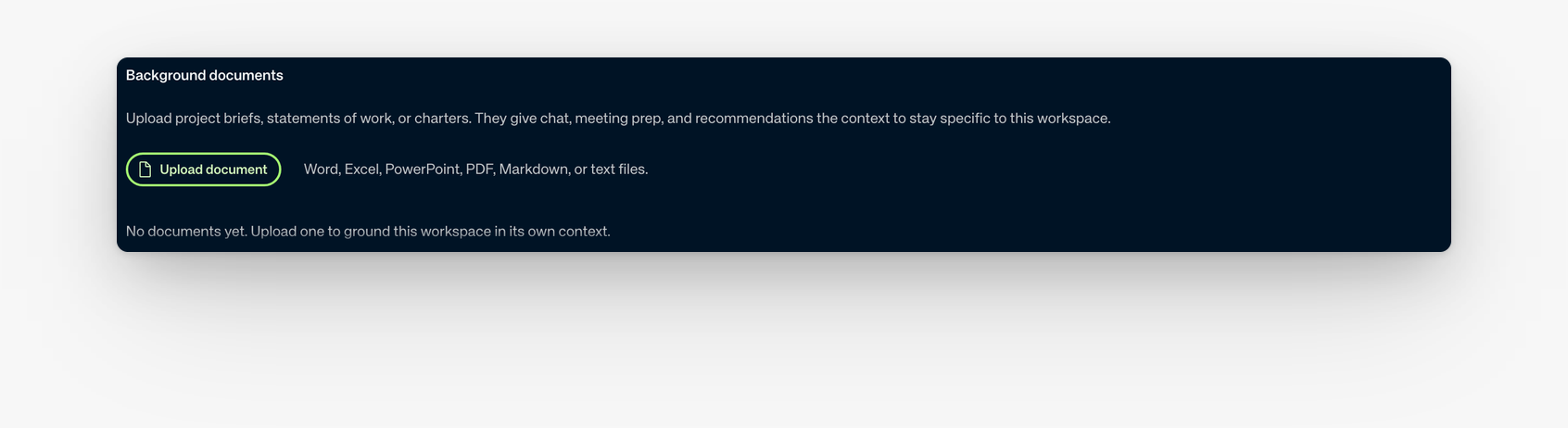 Empty Background documents panel with Upload document and supported file types