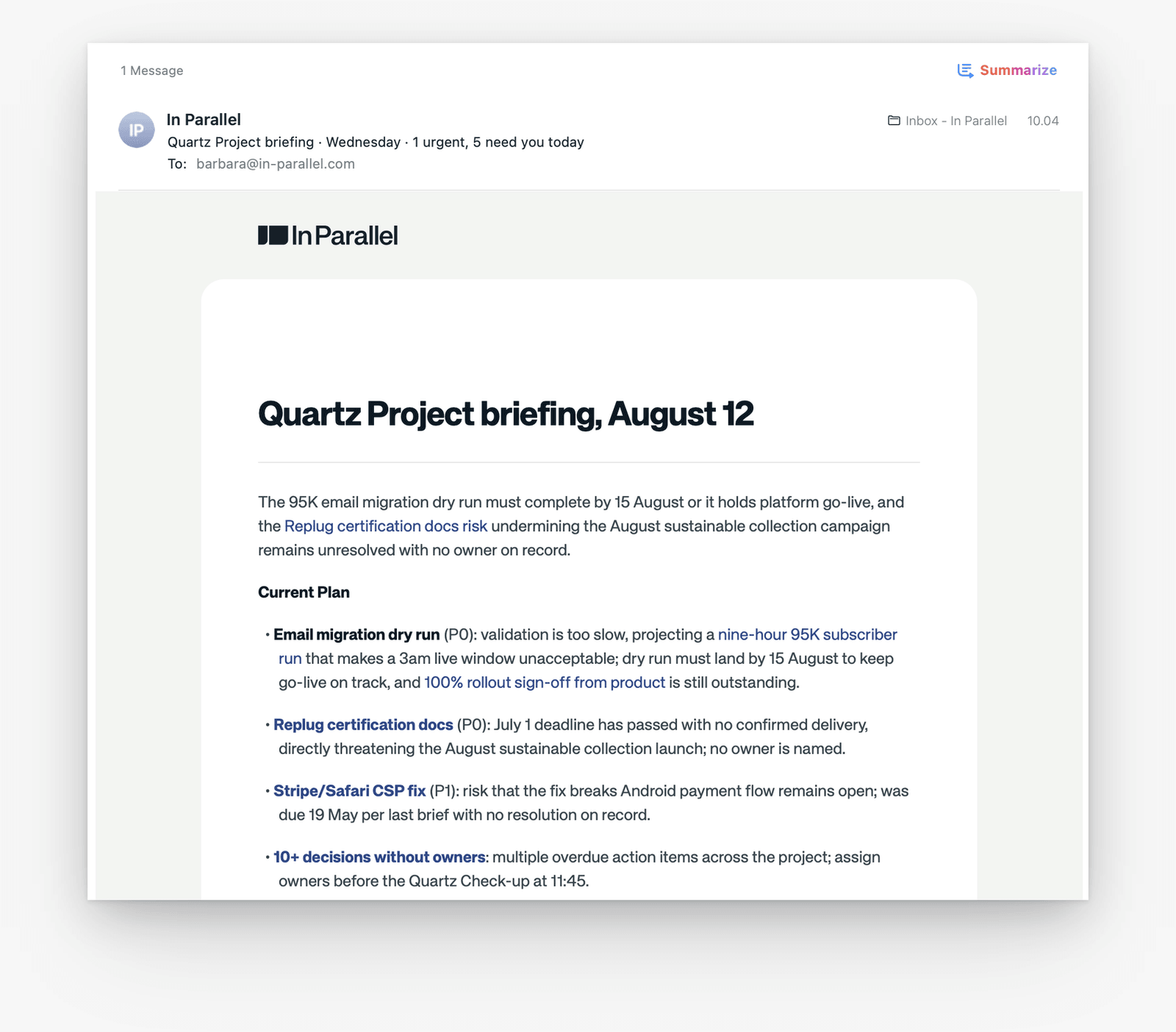 Workspace briefing delivered by email