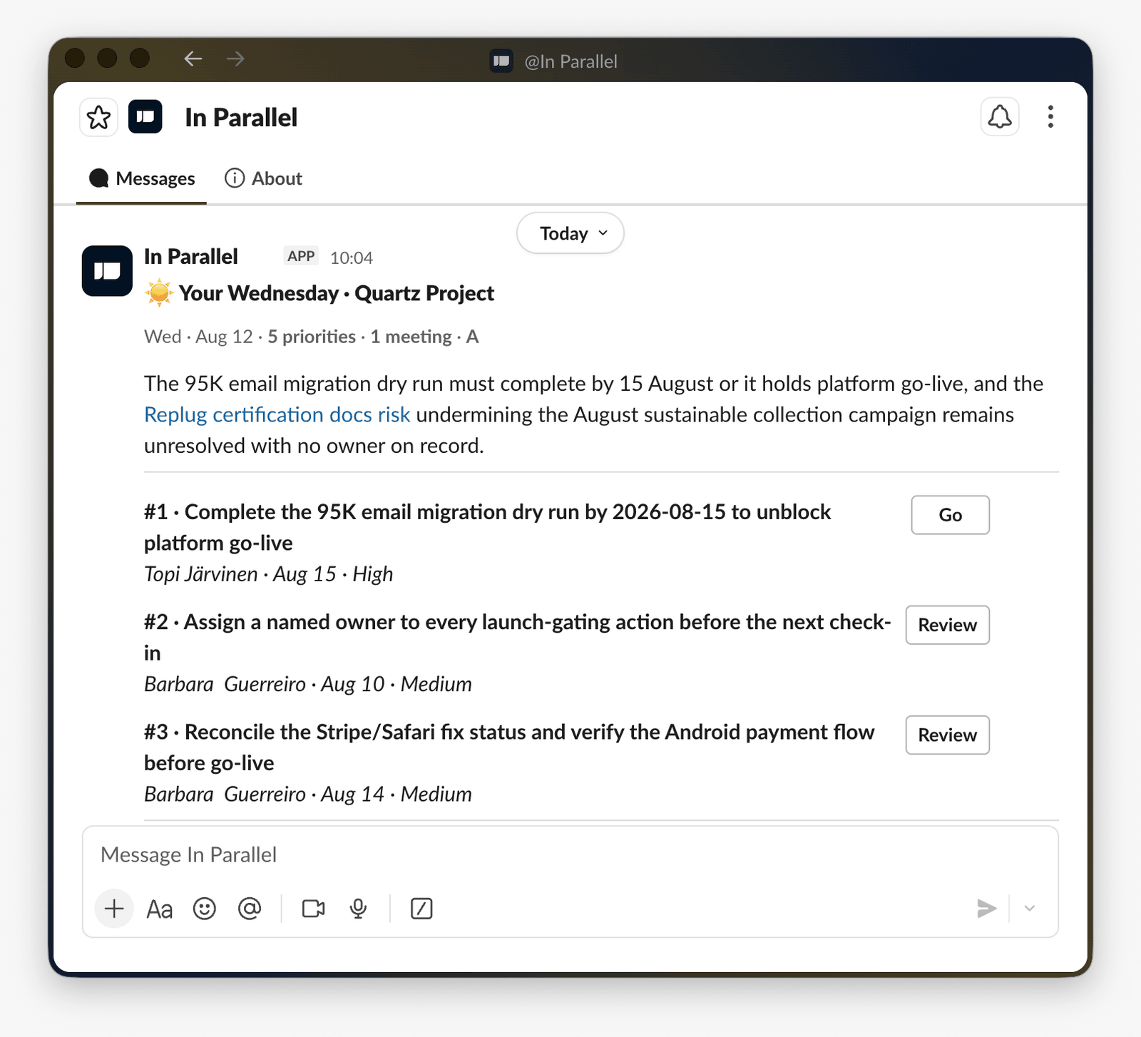 Workspace briefing delivered in Slack