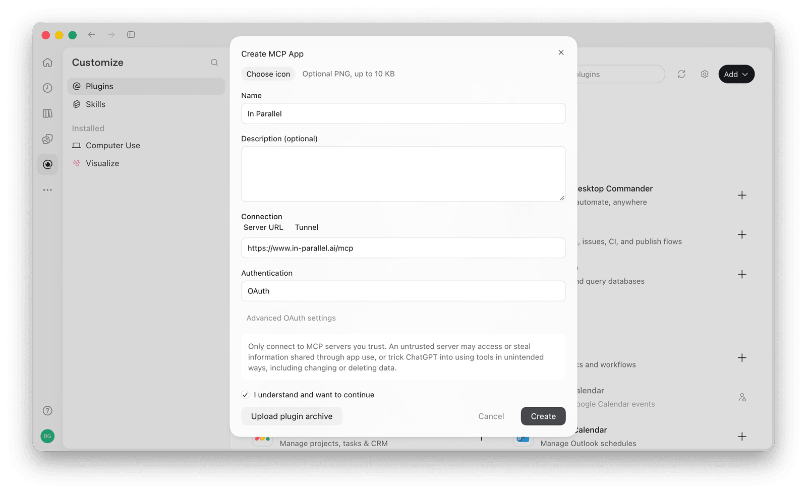 The new ChatGPT desktop app's Create MCP App form filled with the In Parallel server URL and OAuth