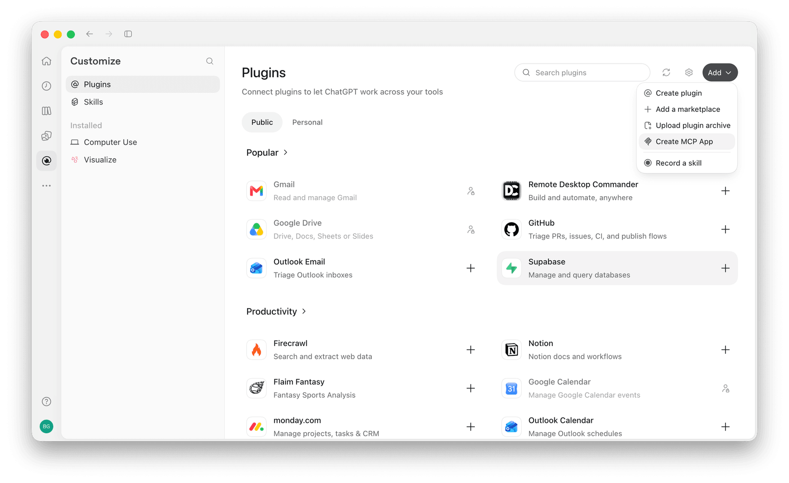 The new ChatGPT desktop app's Plugins page with Create MCP App in the Add menu