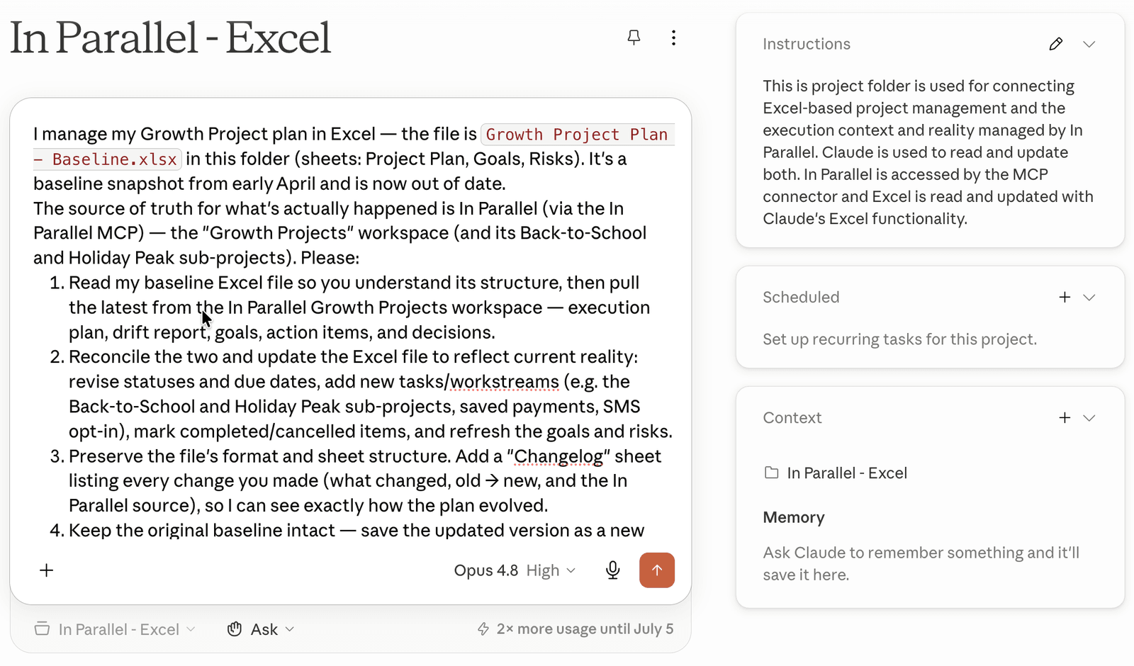 A Claude Project named In Parallel – Excel: the chat composer on the left with the reconcile prompt, and the Instructions, Scheduled, and Context panels on the right