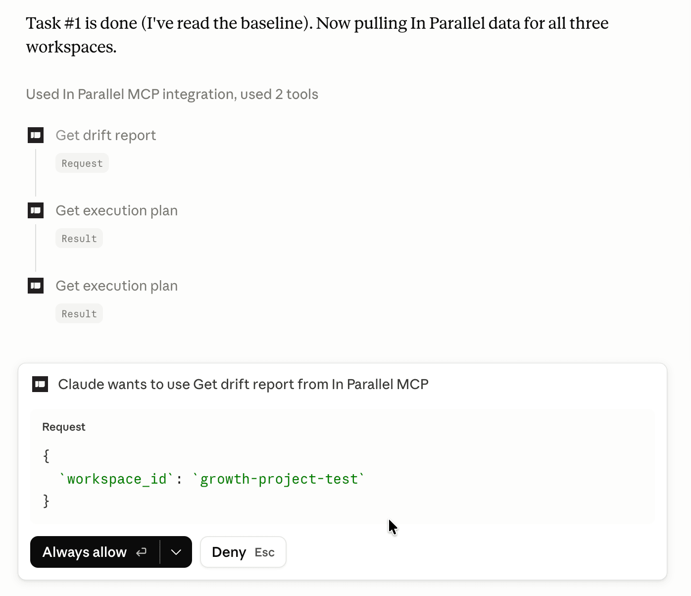 The assistant pulling In Parallel data with an Always allow or Deny approval prompt for the connector