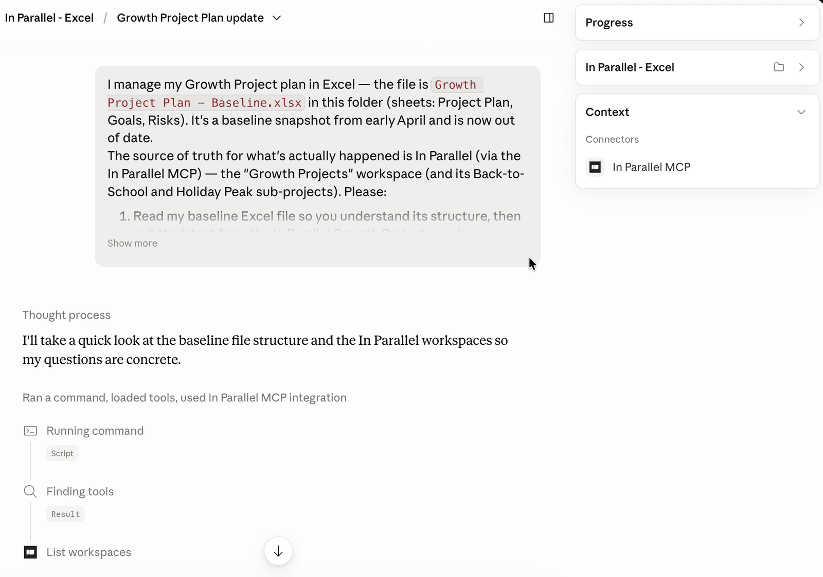 A Claude chat with the reconcile prompt sent, the assistant's first step running, and In Parallel MCP listed under Context → Connectors