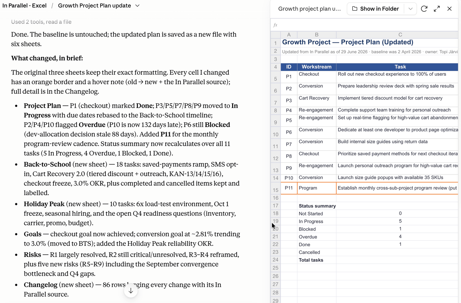 A split view: the assistant's what-changed summary on the left and a live preview of the updated Excel workbook on the right
