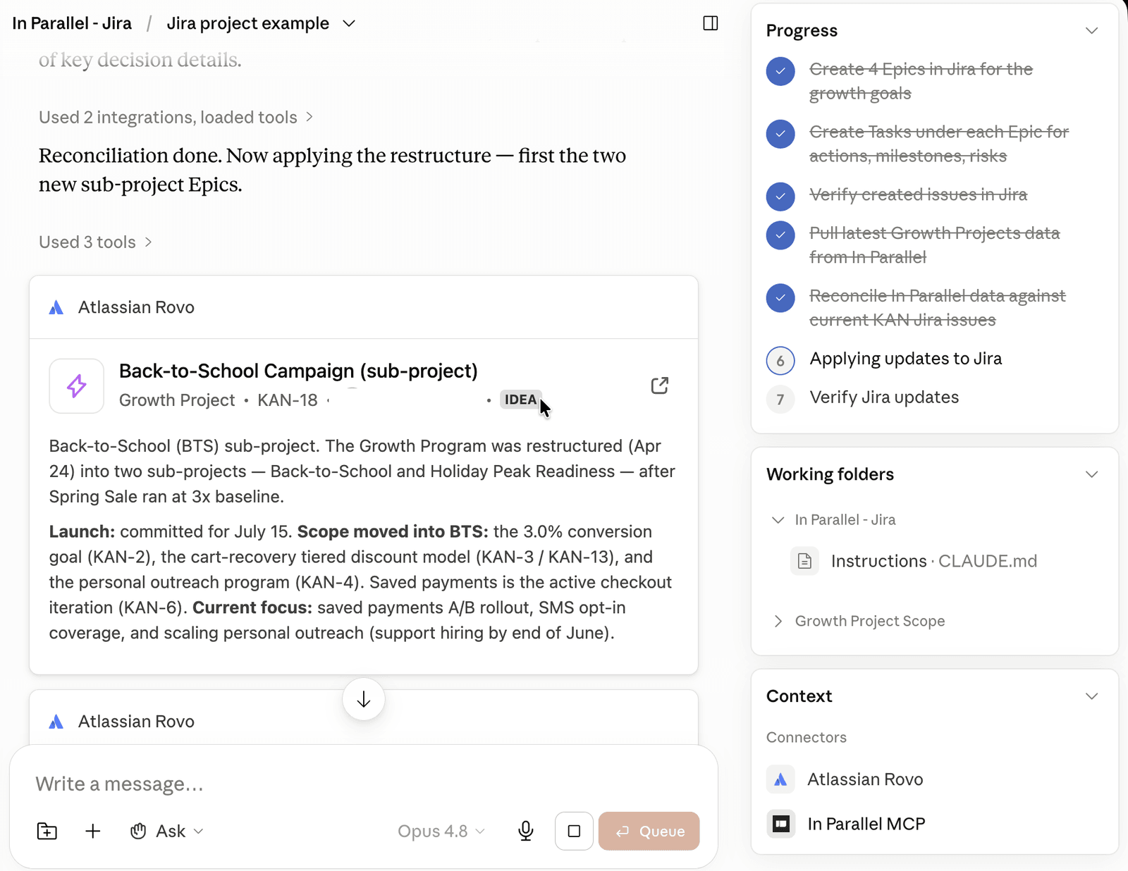 The assistant creating a sub-project Epic (Back-to-School Campaign, KAN-18) in Jira via the connector