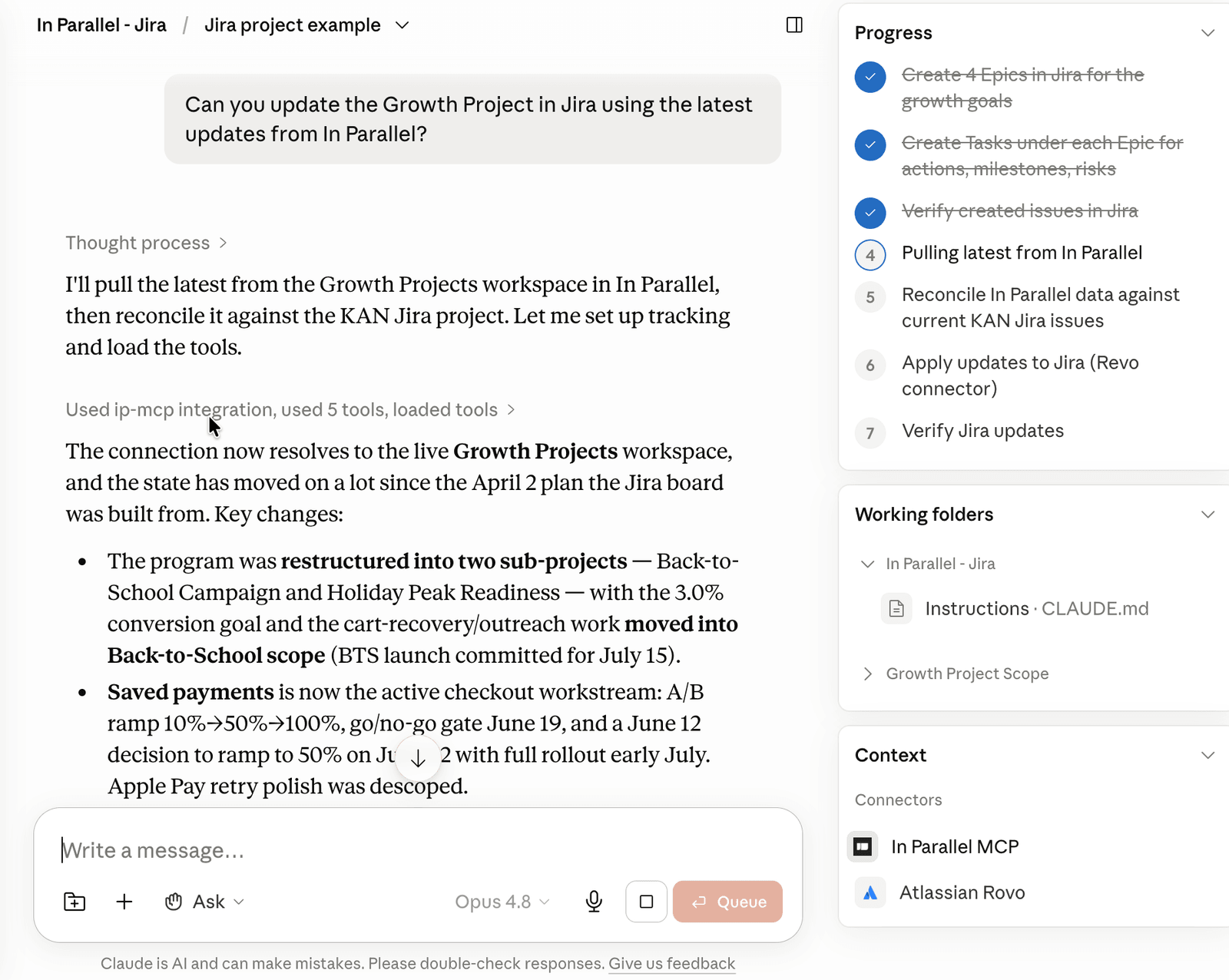 Claude Desktop chat: the prompt to update Jira from In Parallel, the assistant's plan in the Progress panel, and both connectors listed in Context