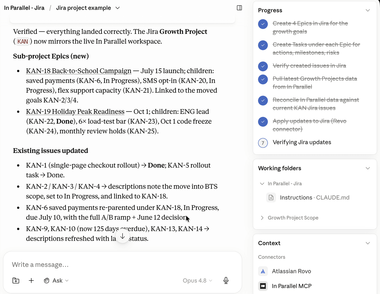 The verification summary confirming the Jira project now mirrors the In Parallel Workspace