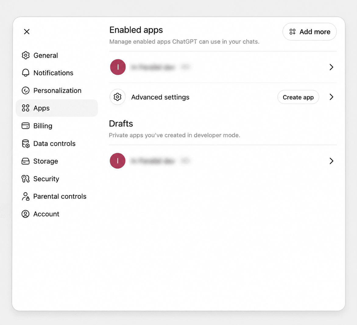 ChatGPT Settings → Apps showing enabled apps and the Add more button