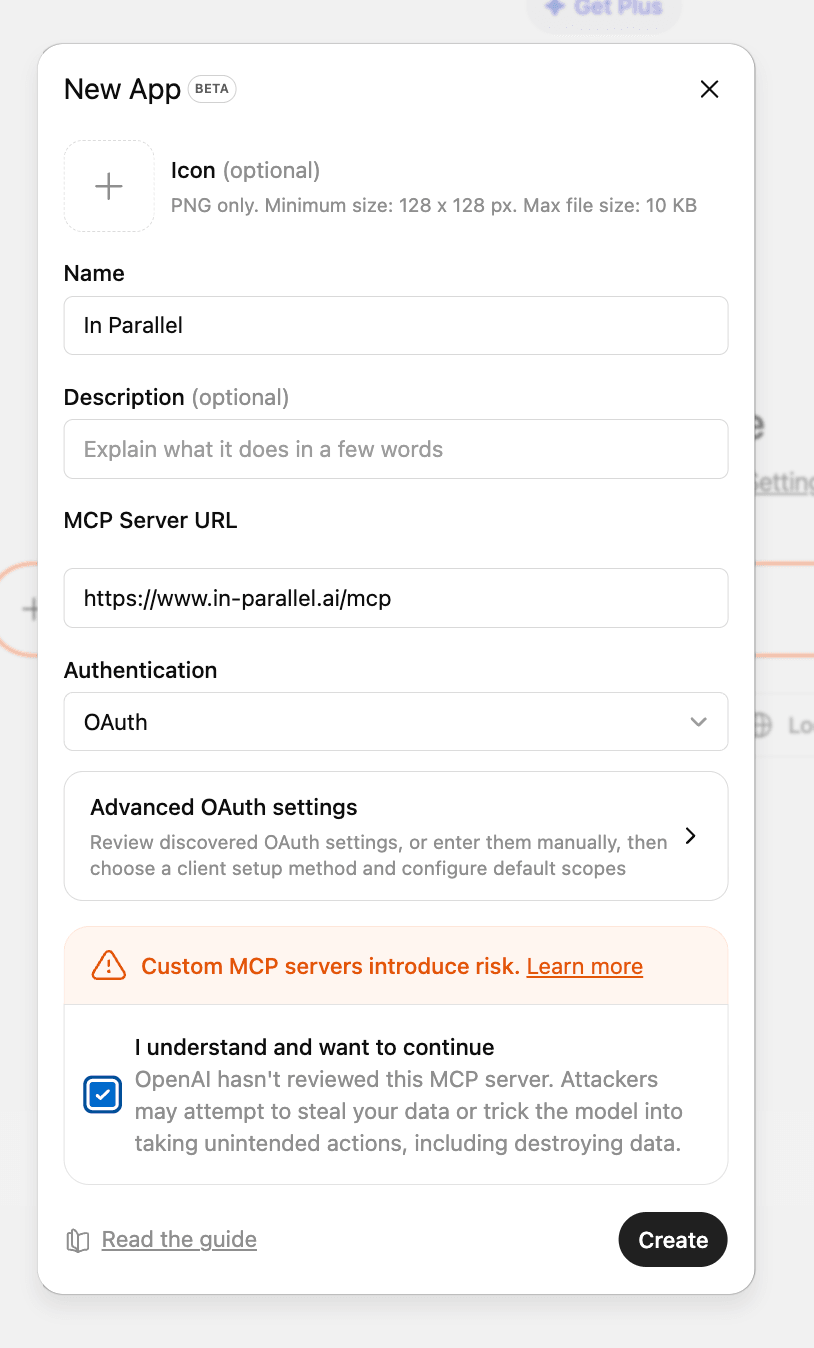 ChatGPT New App form: Name set to In Parallel, MCP Server URL, OAuth authentication