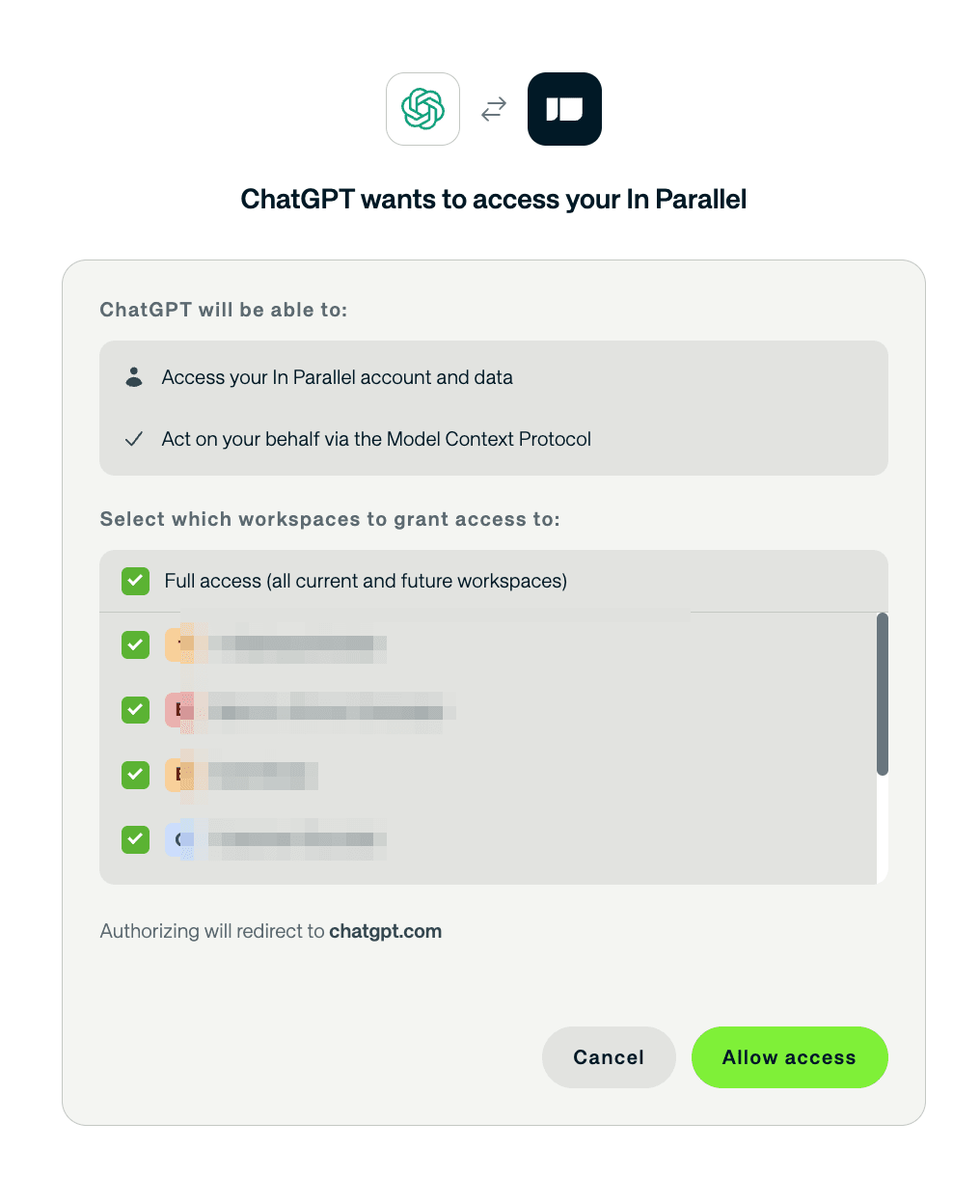In Parallel OAuth consent screen for ChatGPT: choose Workspaces, then Allow access