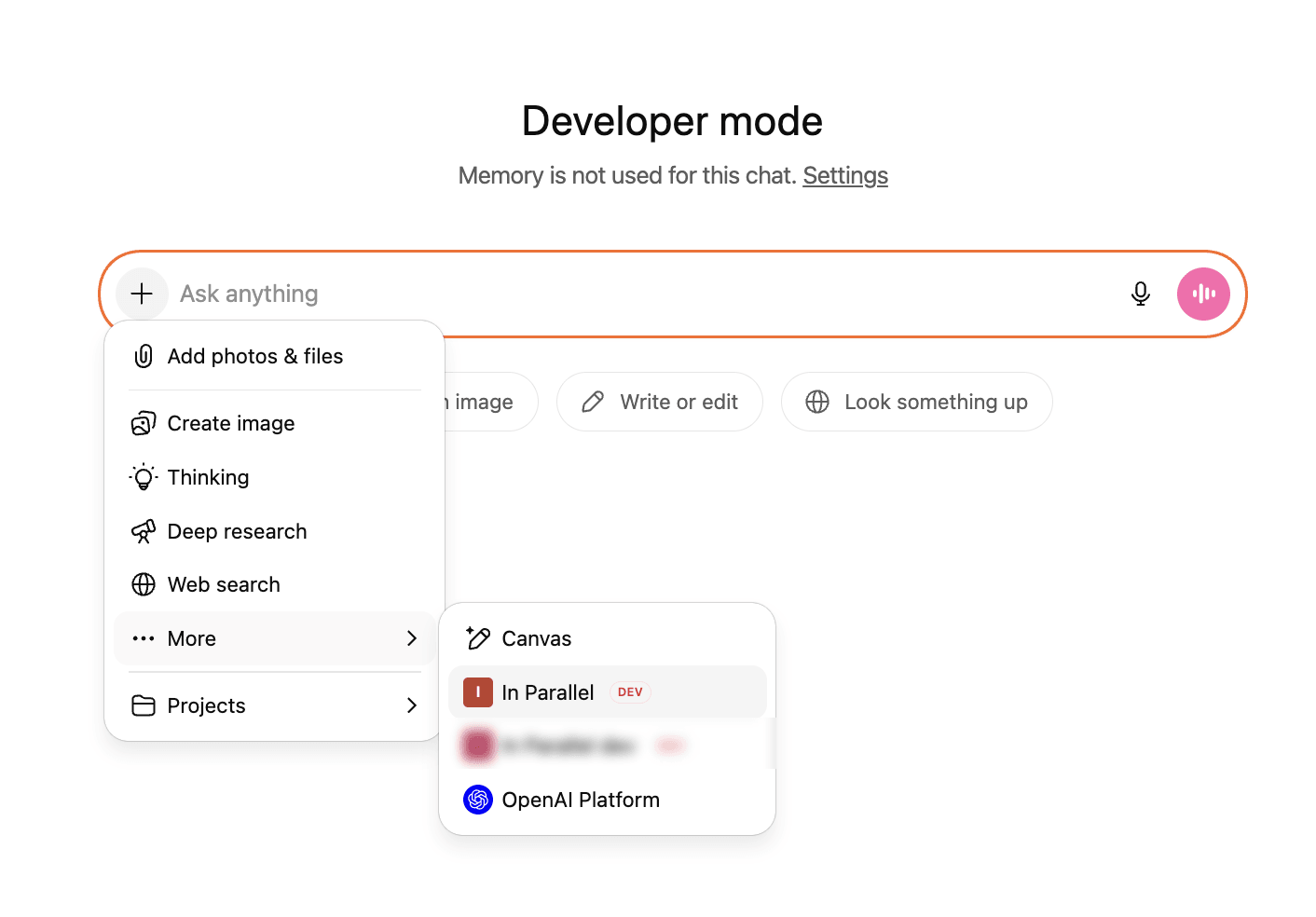ChatGPT composer + menu → More submenu with In Parallel listed (Developer mode)