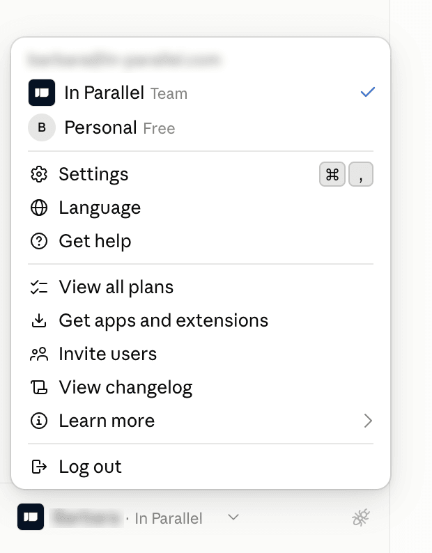 Claude account menu with the Settings option