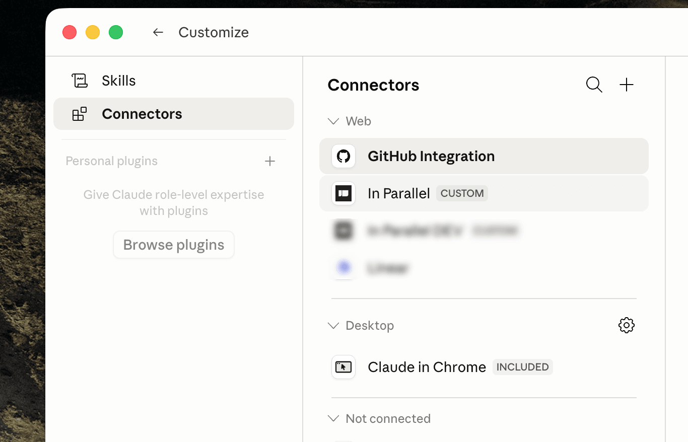Claude Customize → Connectors showing In Parallel in the Web connectors list