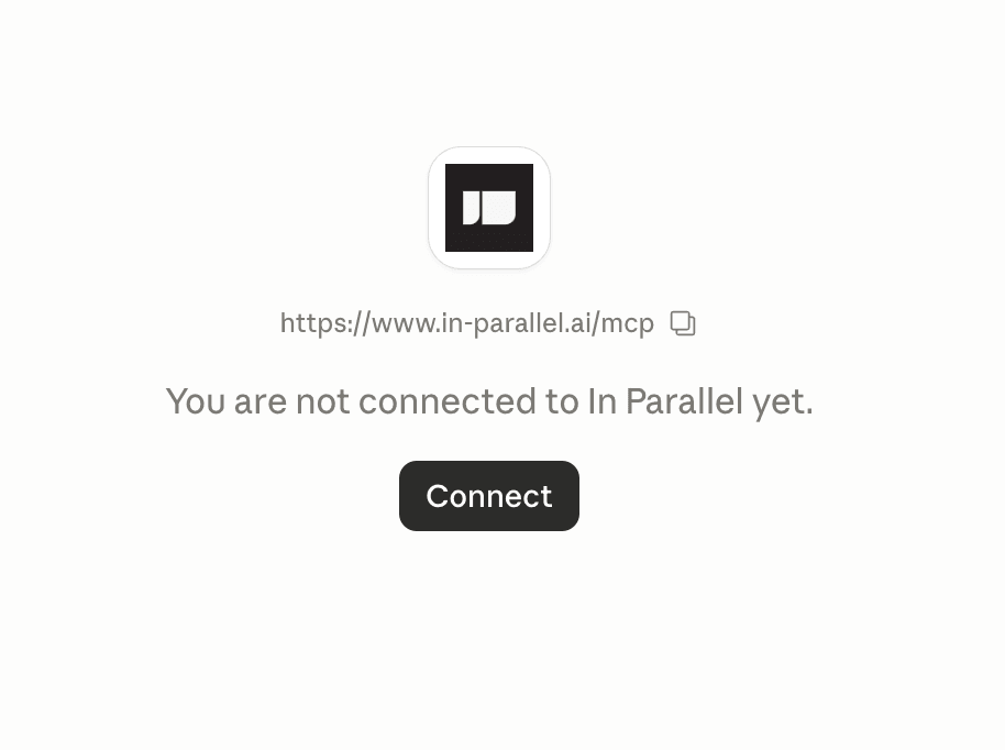 In Parallel connect page with the MCP URL and a Connect button