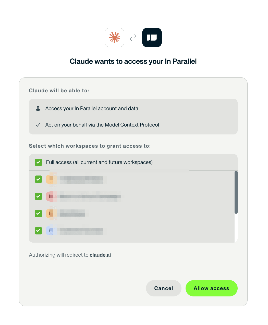 In Parallel OAuth consent screen: choose Full access or individual Workspaces, then Allow access