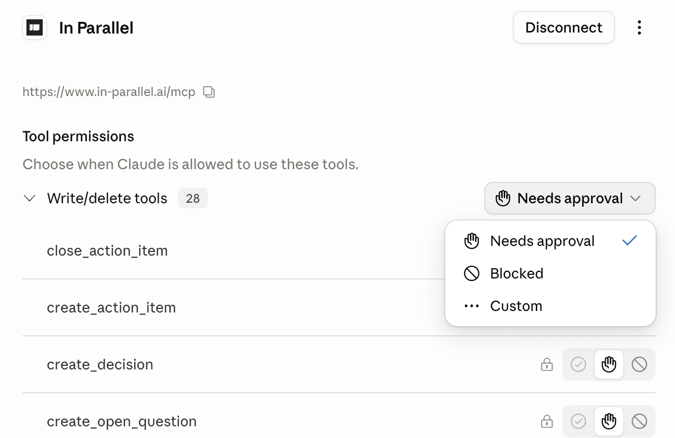 Claude tool permissions for In Parallel: write/delete tools set to Needs approval, with Blocked and Custom options
