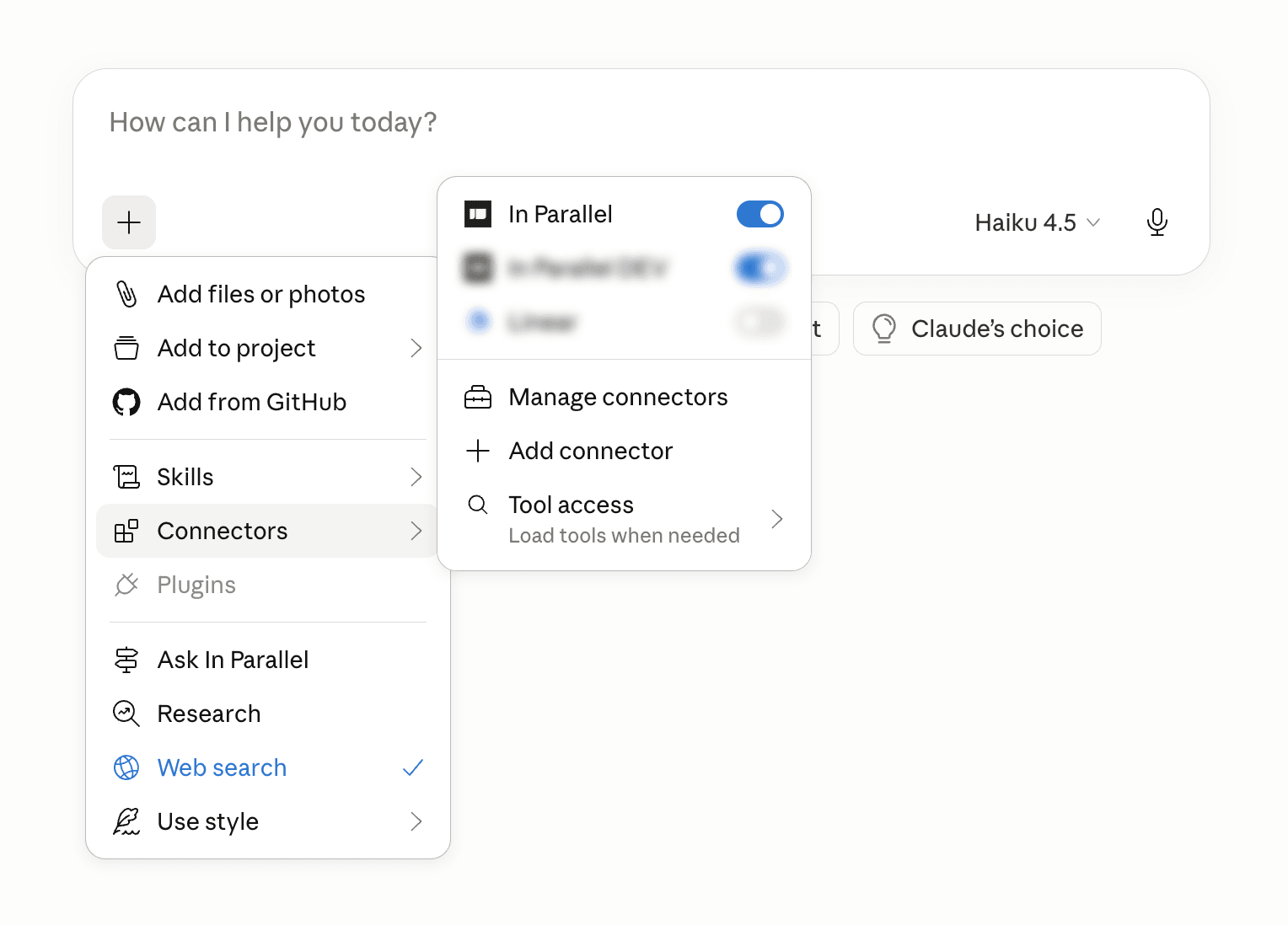Claude chat + menu with the Connectors submenu and In Parallel toggled on