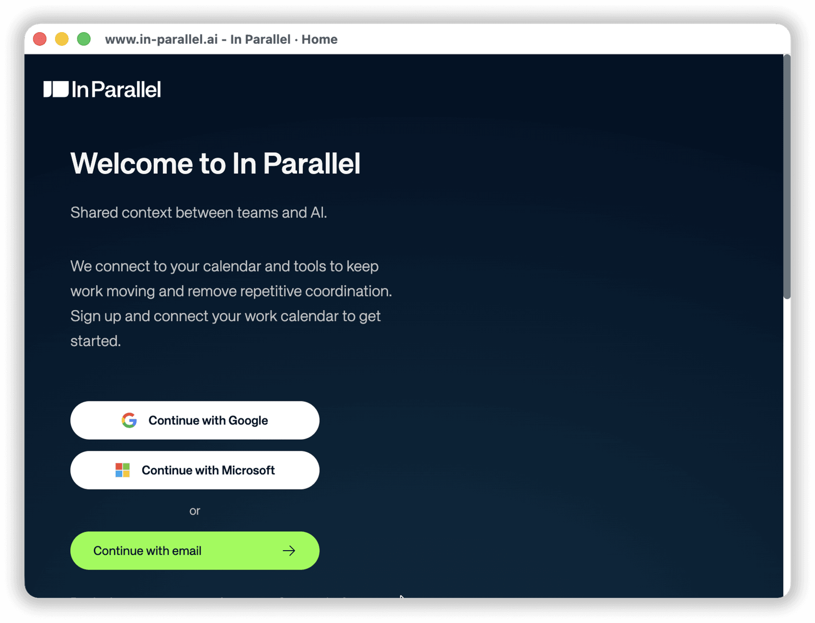 In Parallel welcome screen with Continue with Google, Continue with Microsoft, and Continue with email options