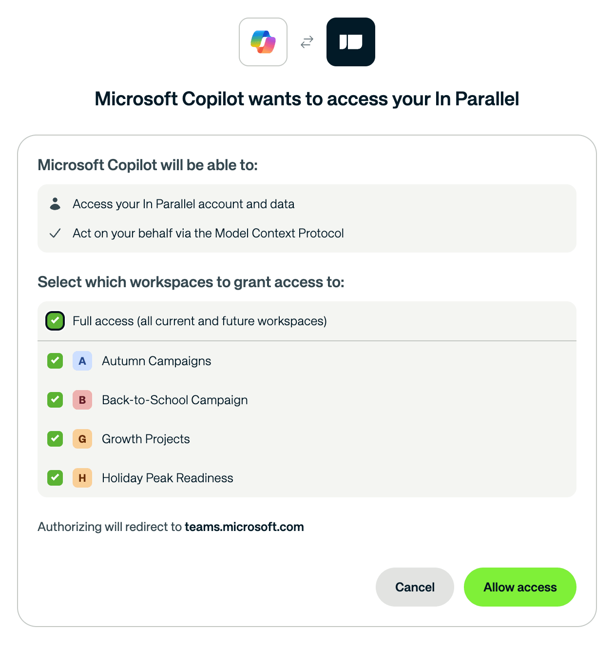 In Parallel consent screen for Microsoft Copilot: choose Full access or individual Workspaces, then Allow access