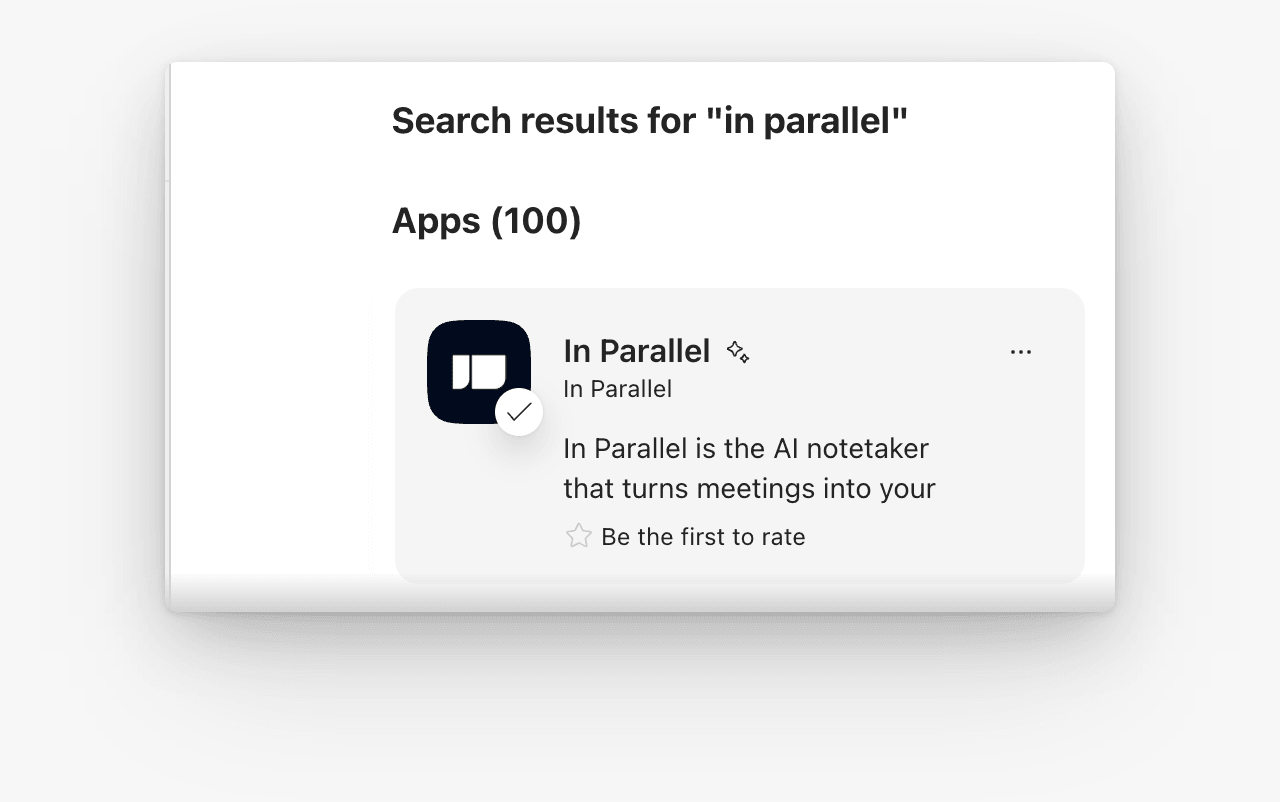 Microsoft Teams Apps search results with the In Parallel app selected