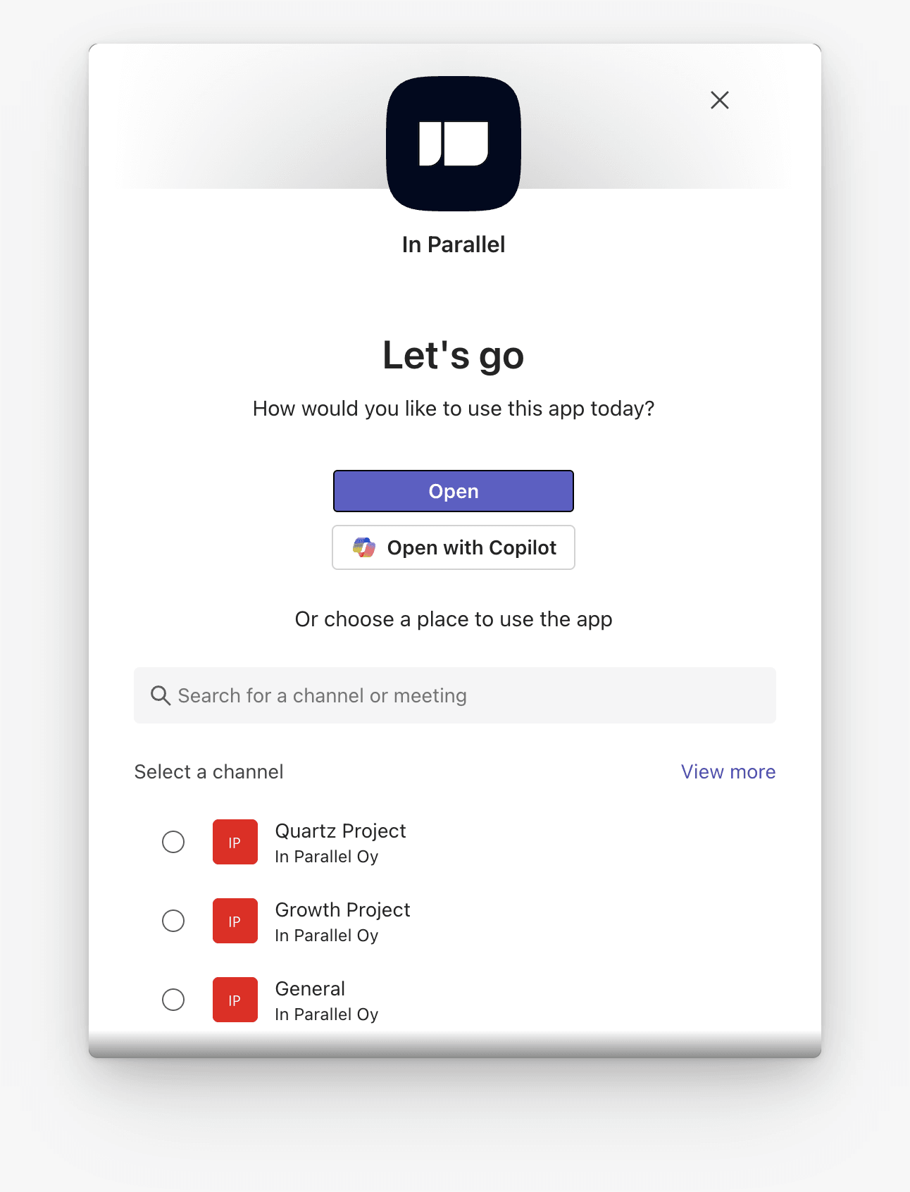 In Parallel app details in Microsoft Teams with Open, Open with Copilot, and channel selection controls