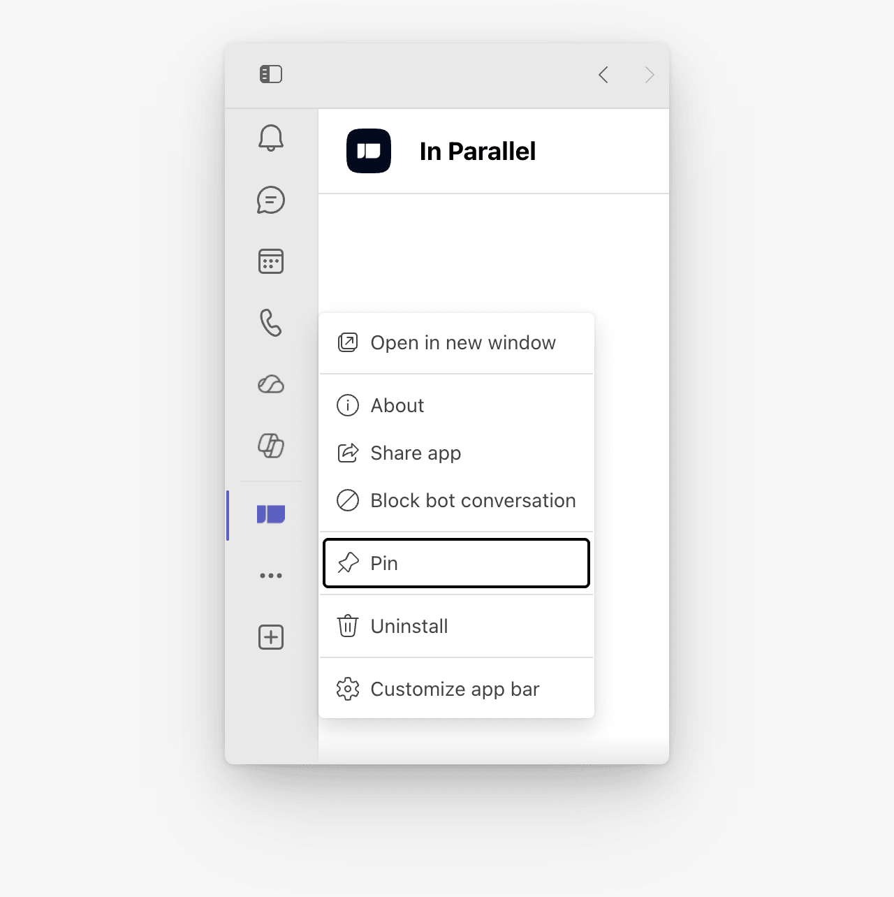Microsoft Teams app menu with the Pin action for In Parallel